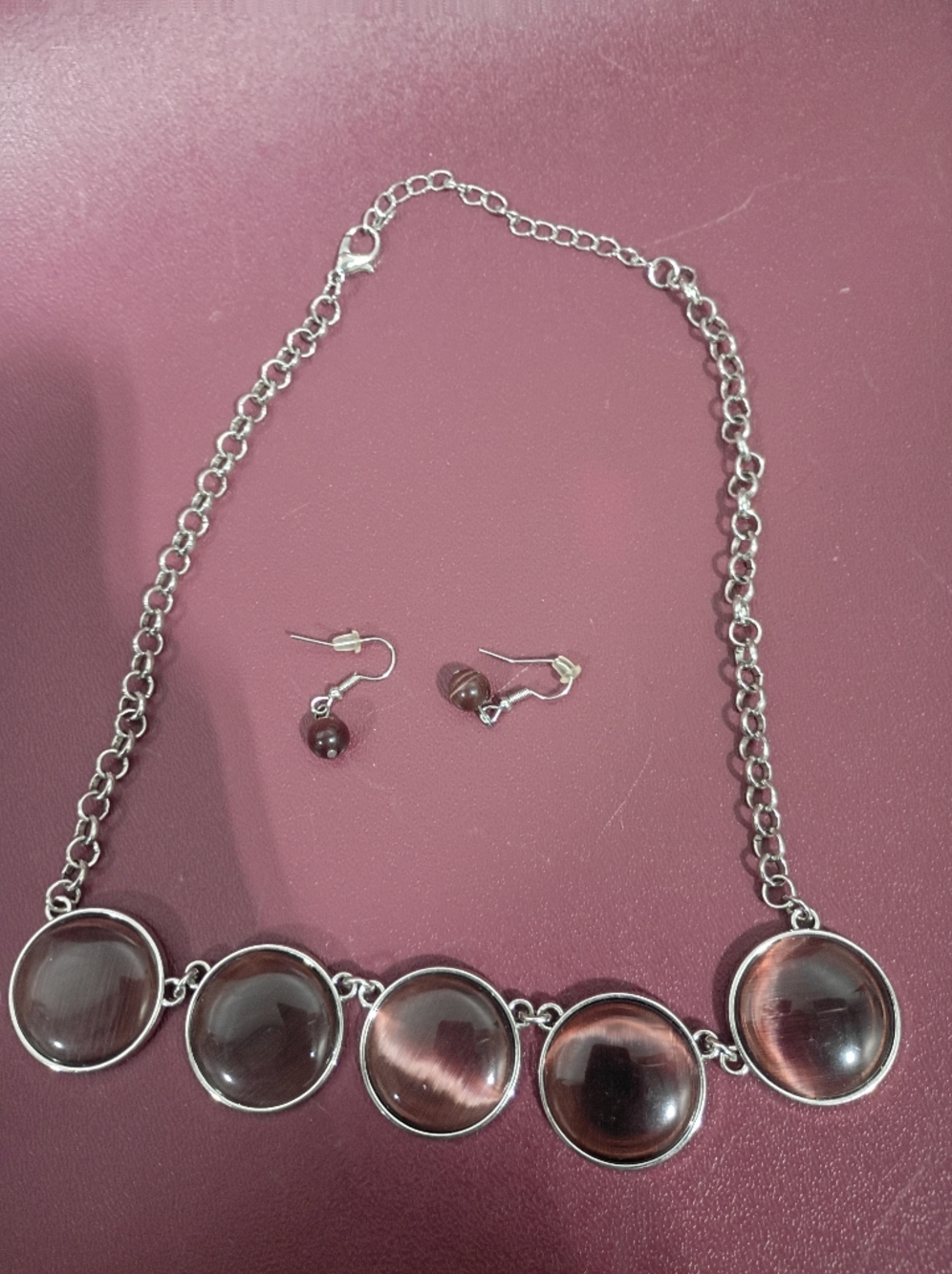 Silver-Tone Brown Cat's Eye Necklace & Earrings Set
